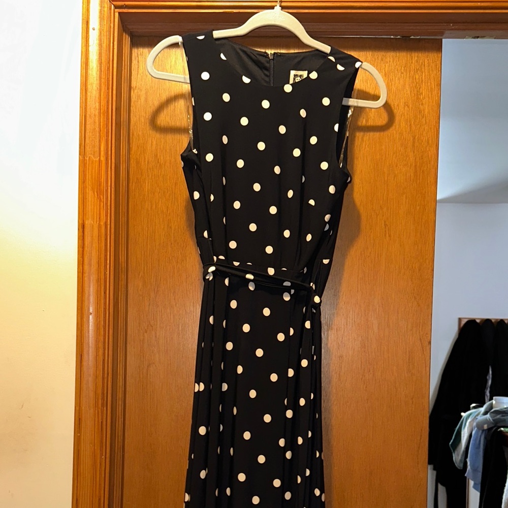 Navy Polka Dot Sleeveless Midi Dress with Belt